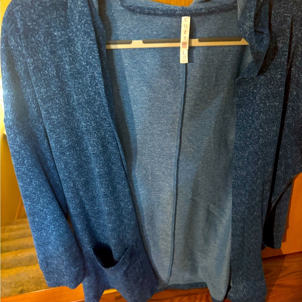 Teal colored long sleeve cardigan with hood, worn twice